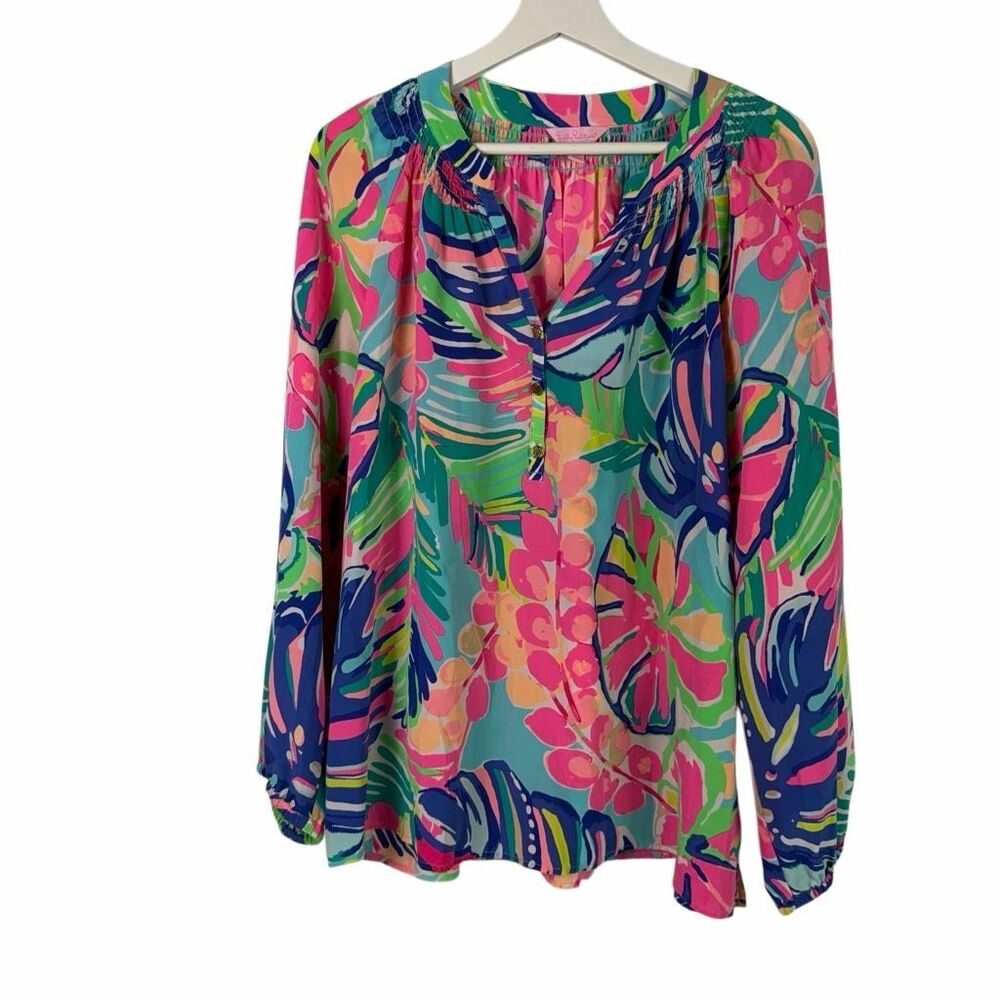 Lilly Pulitzer Elsa size XL silk blouse in the "Exotic Garden" tropical print